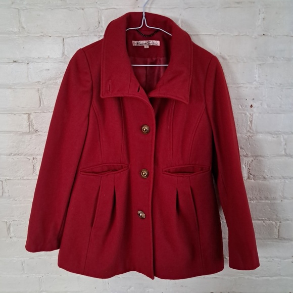 Kenneth Cole New York Jackets & Blazers - Womens Kenneth Cole New York Red Wool Blend Peacoat Gold Buttons Size 4